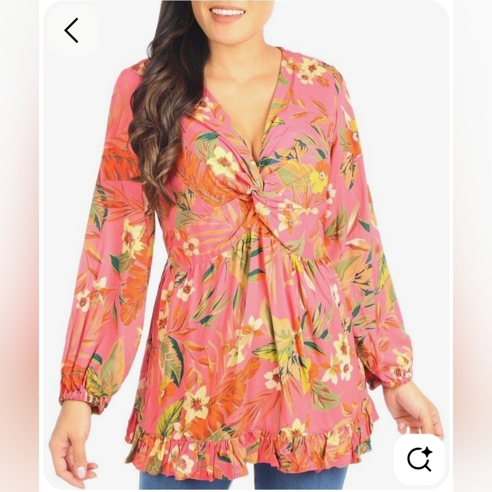 NWT Bunulu Top Womens Coral Pink Floral Boho Tunic Rayon Summer Cami 2X
